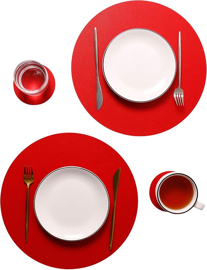 Wipeable Placemats and Coasters Leather Table Mats Waterproof Heat-Resistant Easy to Clean for Dining Table Set Kitchen Table Set of 4, Red