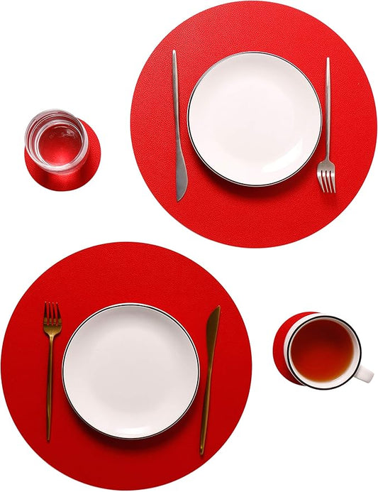 Wipeable Placemats and Coasters Leather Table Mats Waterproof Heat-Resistant Easy to Clean for Dining Table Set Kitchen Table Set of 4, Red