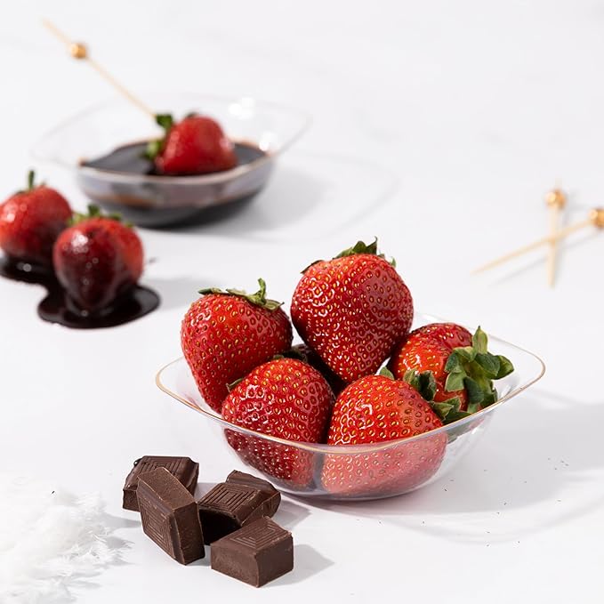 PLASTICPRO White Plastic Organic Party Square Dessert bowls Clear With Gold Rim Elegant Disposable Tableware Dishes 6 OZ 32 Count