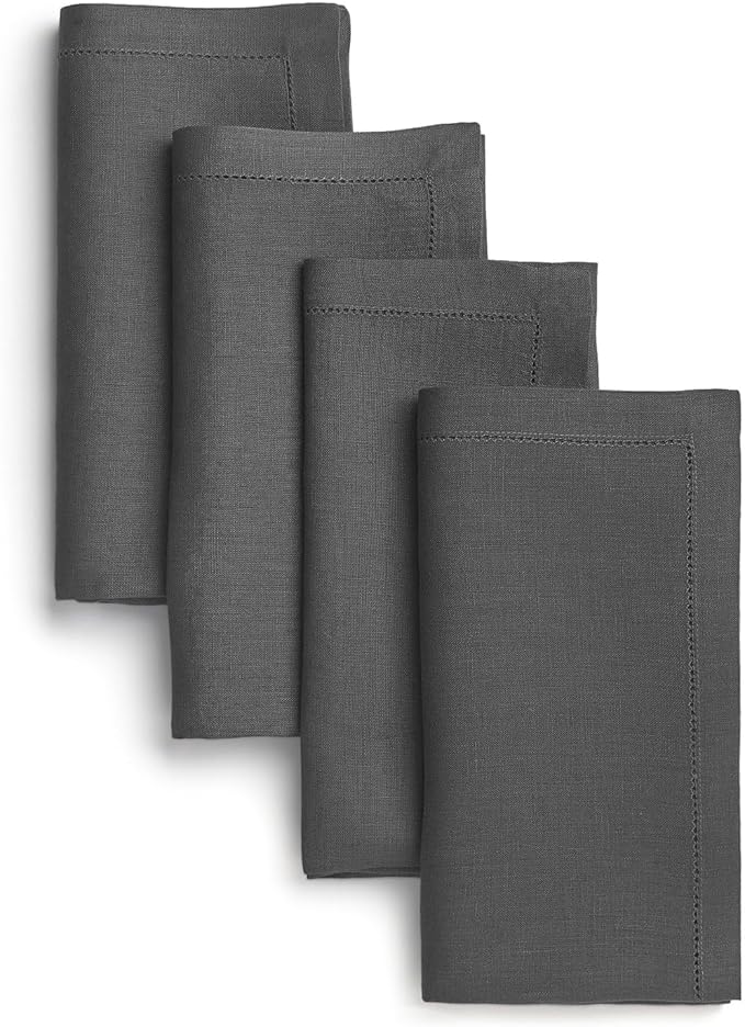 D'Moksha Homes Charcoal Grey Linen Napkins Set of 4 - Classic Hemstitch 100% Pure Linen Hemstitch Dinner Napkins 20 x 20 Inch for Christmas, Holiday, New Year - Handcrafted and Machine Washable