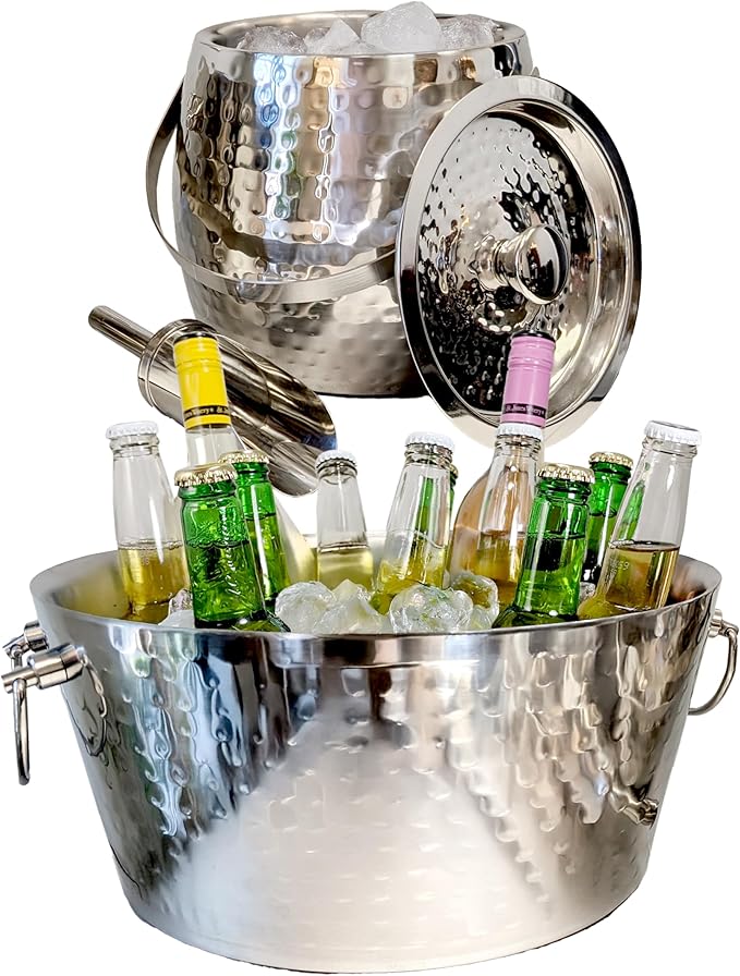 BREKX Stainless Steel Beverage Tub and Ice Bucket with Lid and Scoop Party Combo Pack, Silver Double-Walled Insulated Barware Set