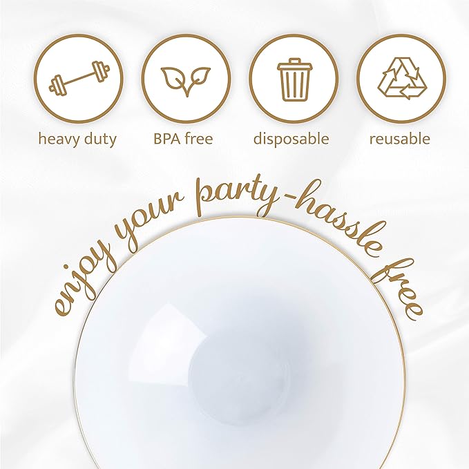 [16 OZ 40 Count] White Plastic Organic Party Soup bowls With Gold Rim Premium heavyweight Elegant Disposable Tableware Dishes