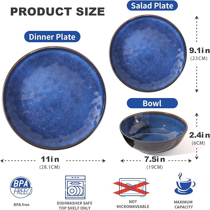 Rustic Farmhouse 12 Piece Melamine Dinnerware Sets - Service for 4, Lightweight Dinnerware with Plates and Bowls Sets, for Indoor and Outdoor Use, Unbreakable Kitchen Plates and Bowls (4, Blue)