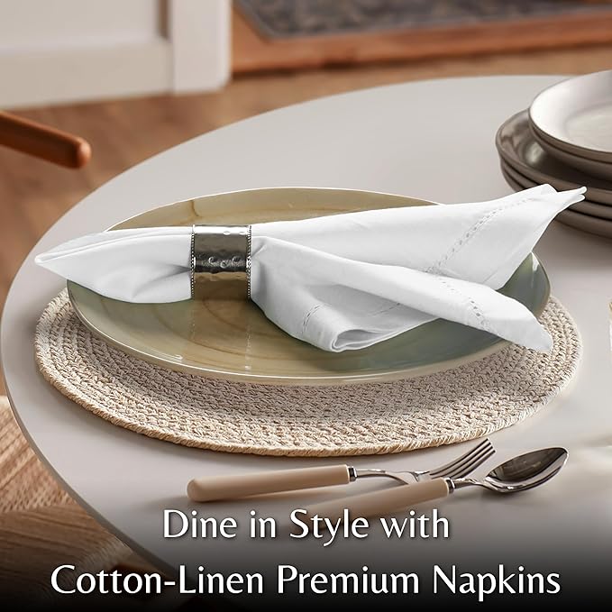 Ramanta Home White Coth Dinner Napkin Set of 12 Premium Cotton 18X18 Inch Linen Flax Hemstitched Soft & Durable Washable Ideal for Everyday Use Parties Thanksgiving Christmas Halloween