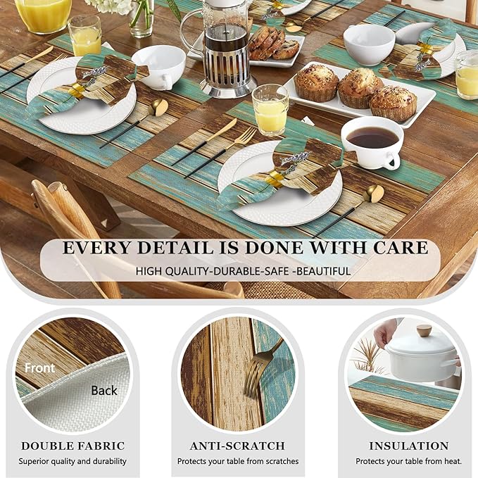 Mcalk 4 Each Farmhouse Teal Placemats and Cloth Napkins Set of 8, Modern Art Placemat, Rustic Country Cloth Napkin for Home Kitchen Decor (Placemats 18 "x12 Napkins 18 "x18)