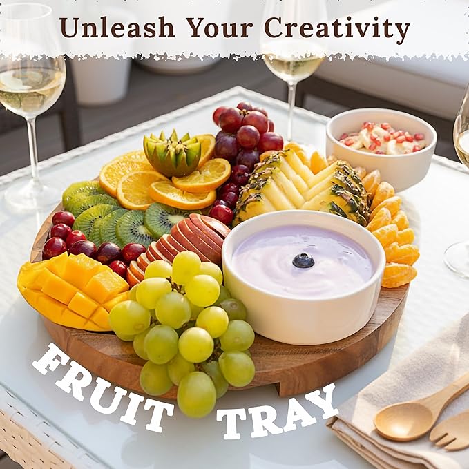 Chip and Dip Serving Platter — w/ 2 Ceramic Bowl — 12.2" Large Divided Serving Tray With Handles For Nachos & Salsa, Snack, Veggie, Fruit, Dessert — Wooden Hosting Essentials For Home