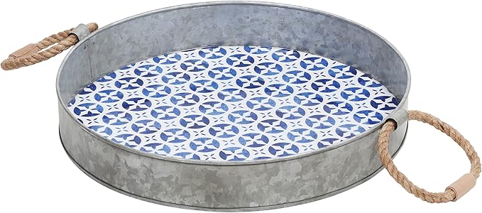 Round Serving Tray – Santorini Collection Set of 2 Decorative Trays – Blue and White Ottoman Tray with Natural Jute Handles – Galvanized Iron Trays for Coffee Table, Liquor Display, Decor