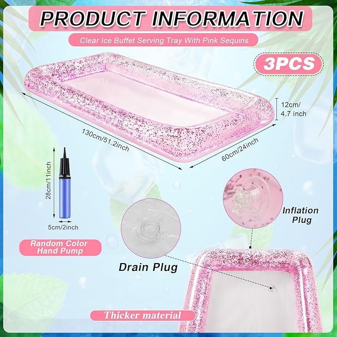 Leitee 3 Pcs Inflatable Serving Bar 52 x 24 x 5'' Ice Buffet Serving Tray Drink Cooler with Drain Plug Inflatable Pool Bar for Party Food Drink Holders with a Hand Pump(Glitter Pink)