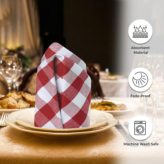 Urban Villa Cloth Napkins Set of 12 20x20 Inches 100% Cotton Napkins Cloth Washable Durable Reusable Absorbent Table Dinner Napkins Cloth for Christmas Hotel Lunch Restaurant Parties- Red White