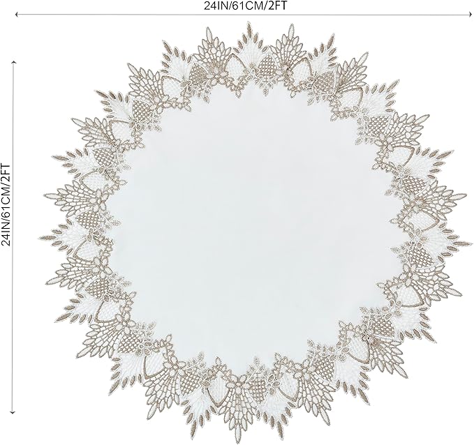 White Linen Doily 24 inches Round Neutral Earth Tones Beige Lace Coffee Table Topper Dresser Scarf Place Mats (White, 24” Round)