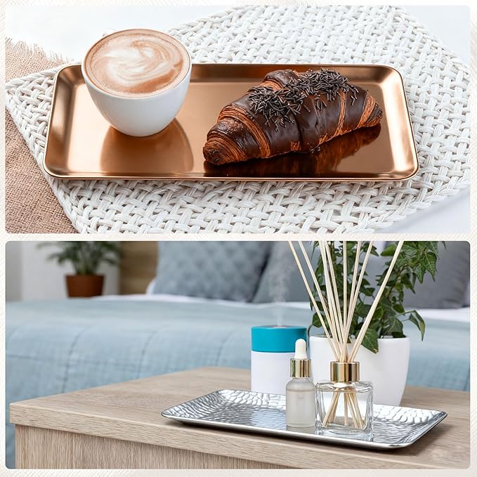 uxcell Decorative Tray, 5.9x3 Stainless Steel Rectangular Frosted Serving Tray with Streak Grain Pattern for Dessert Napkin Towel Candle Jewelry Bathroom Platter, Stackable, Gold