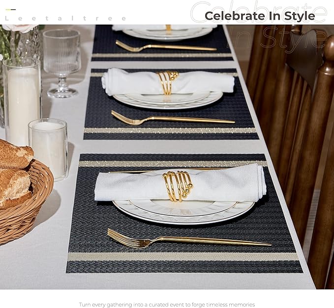 Leetaltree Sparkling Black Vinyl Woven Placemats Set of 12 - Washable Dining Table Place Mats Striped, Suitable for Wedding, Anniversary, Daily Use