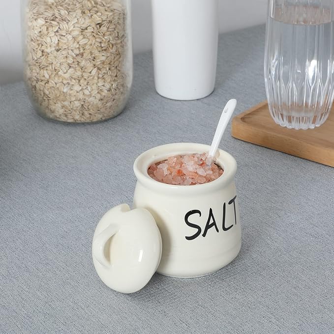 HAOTOP Salt Bowls with Lid and Spoon -12 oz Ceramic Salt Cellar, Salt Containers, Spice Box for Counter, Farmhouse Kitchen Decor, Beige