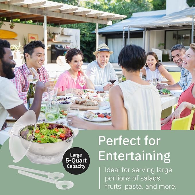 Useful Co. 5QT Salad Bowl Set on Ice - Large Salad Bowl with Lid & 2 Servers - Chilled Tray for Cold Food, Party Buffet - Serving Bowl with Ice Tray Base for Gatherings