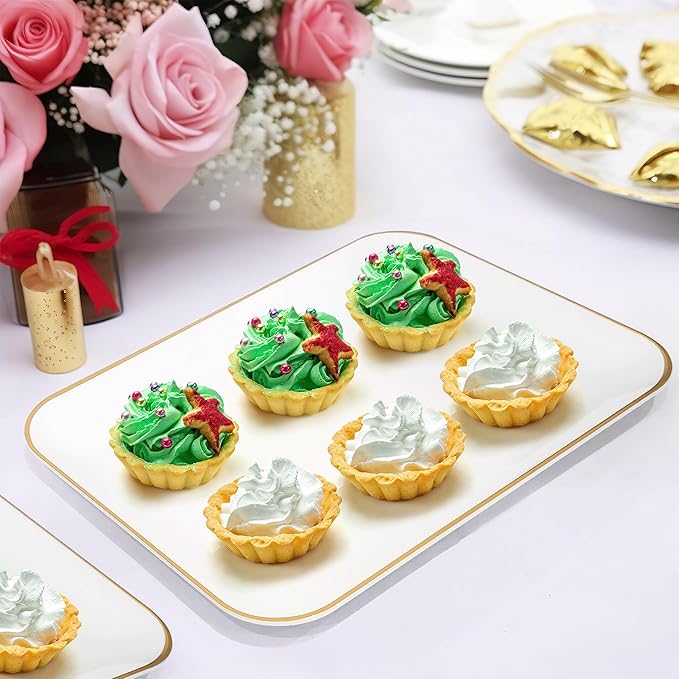 3 Pack Plastic Serving Trays for Party - White and Gold Serving Tray 8 by 11 in - Heavy Duty Dessert Trays for Food - Rectangular Party Serving Trays, Gold Platters