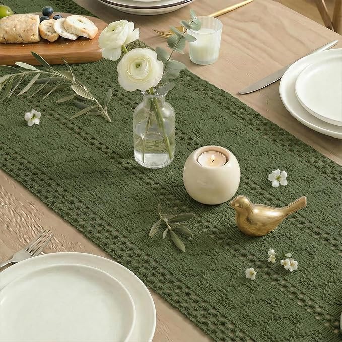Artoid Mode Army Green Farmhouse Woven Rustic Hollow Table Runner, Seasonal Holiday Hollow Kitchen Dining Table Decoration for Home Party Decor 12x60 Inch