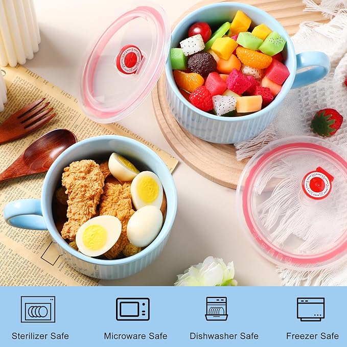 Nuenen 2 Pcs Soup Bowls with Lids and Handles 30 oz Microwave Safe Ceramic Soup Mug Microwavable Ramen Containers with Lids Large Colorful Cups for Noodle Cereal kitchen (Baby Blue)