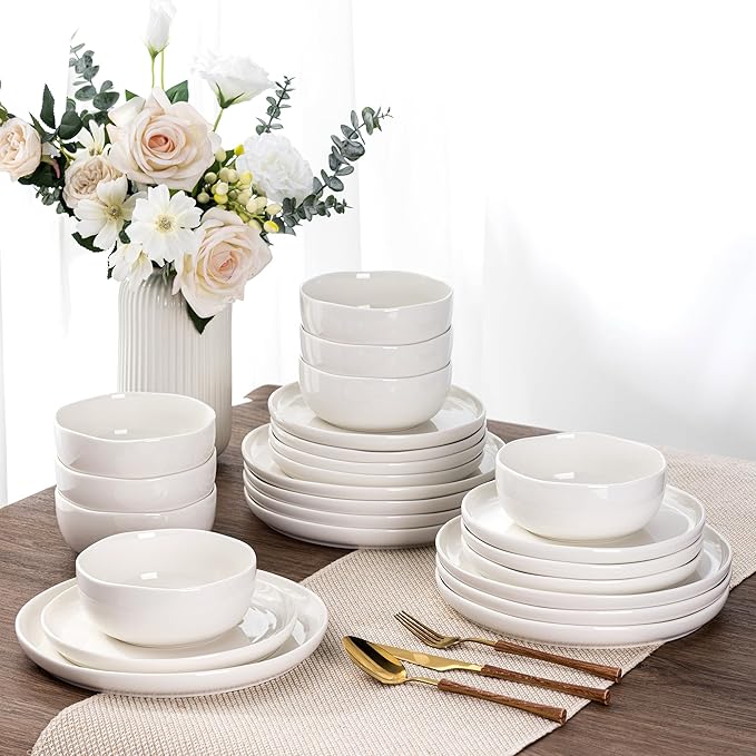 LERATIO Ceramic Dinnerware Sets for 8,Handcraft Wavy Rim Stoneware Plates and Bowls Sets,Highly Chip and Crack Resistant | Dishwasher & Microwave & Oven Safe Dishes set,Service for 8(24pc)-Pearl White