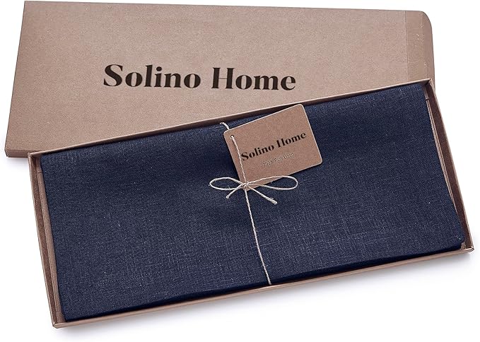 Solino Home Linen Navy Blue Table Runner 36 Inches - 100% Pure Linen Small Table Runner 14 x 36 Inch Ideal for Dresser and Coffee Tables - Christmas, Holiday, Winter, New Year - Fete