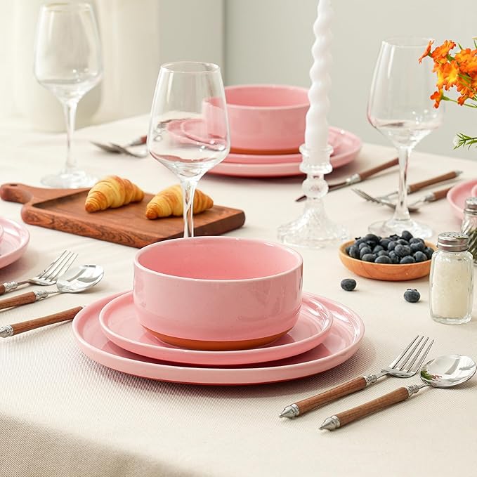 12 Piece Dinnerware Sets for 4, Dual Glaze Stoneware Plates and Bowls Set, Microwave and Dishwasher Safe, Pink