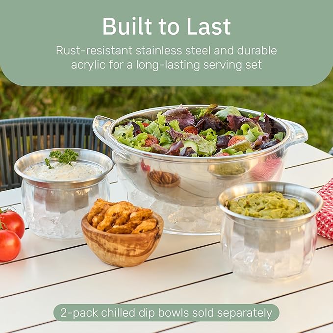 Useful Co. 5QT Salad Bowl Set on Ice - Large Salad Bowl with Lid & 2 Servers - Chilled Tray for Cold Food, Party Buffet - Serving Bowl with Ice Tray Base for Gatherings