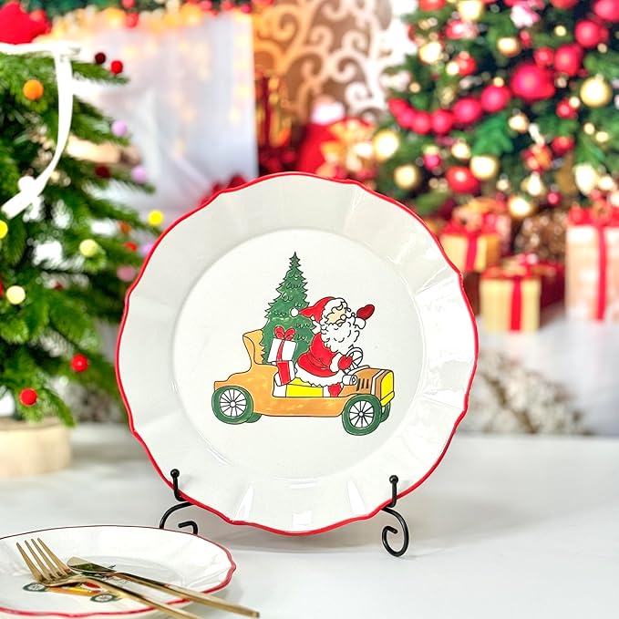DOMINI 16-Piece Christmas Ceramic Kitchen Dinnerware Set, Service for 4, Porcelain Dishes Dinner Set with Dinner Plates, Dessert Plates,cups and Pasta Bowls,Round-White Christmas