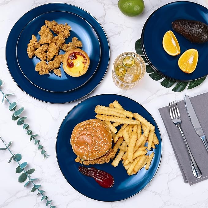 TP 12-Piece Dinnerware Set, Melamine Dishes Set with Bowls and Plates, Non-breakable and Lightweight Dinner Service for 4, Black and Blue