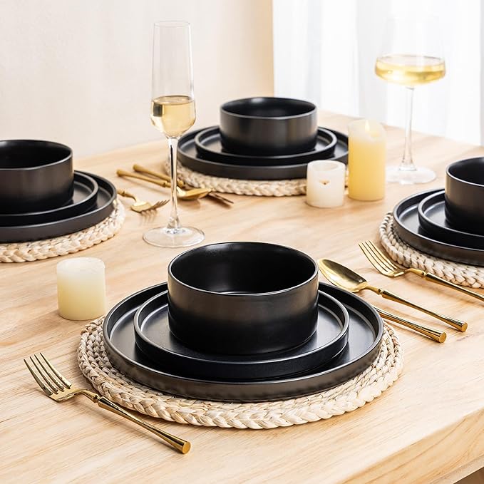 GBHOME Ceramic Dinnerware Sets of 4,Stoneware Plates and Bowls Sets,Chip and Crack Resistant | Dishwasher & Microwave Safe Dishes Set,Scratch Resistant- Service for 4 (12pc)-Matte Black