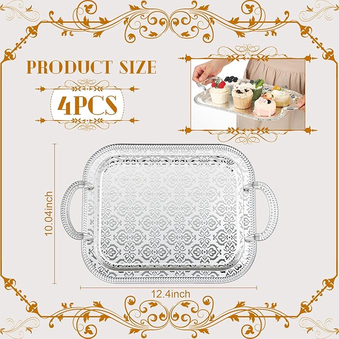4 Pcs Silver Serving Tray with Handles Elegant Victoria Floral Engraved Metal Platters Large Decorative Trays for Buffet,Wedding Party, Jewelry Display, Service(Retro,Sliver)
