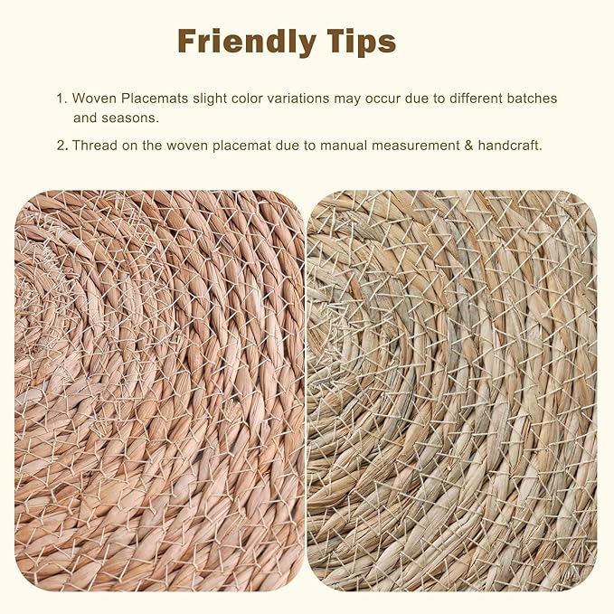 Boho Woven Placemats Set of 6 with Wooden Napkin Rings, 13" Natural Water Hyacinth Rattan Wicker Table Mats Charger Plates for Christmas Decorations, Thanksgiving, Rustic Dining & Home Decor