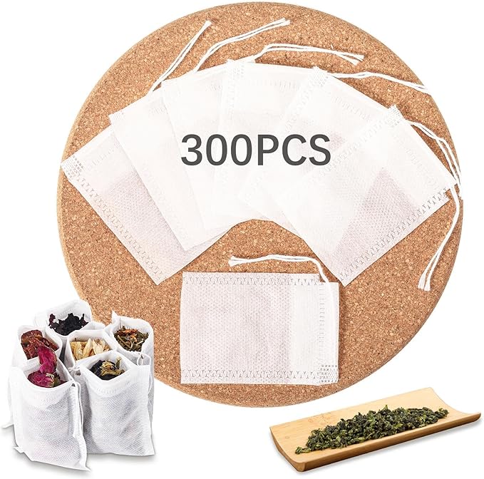 300 Pcs Empty Tea Bags for Loose Leaf Tea, Disposable Small tea Filter Bags with Drawstring fillable Cloth Diy Empty Tea Sachets for Loose tea, Coffee, Herbs, Spice (2.76 x 1.97 inch)