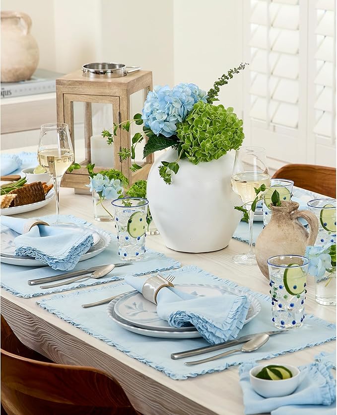 Solino Home Ice Water Linen Dinner Napkins 20 x 20 Inch - 100% Pure Linen Juliette Ruffle Cloth Napkins Set of 4 for Christmas, New Year - Handcrafted and Machine Washable