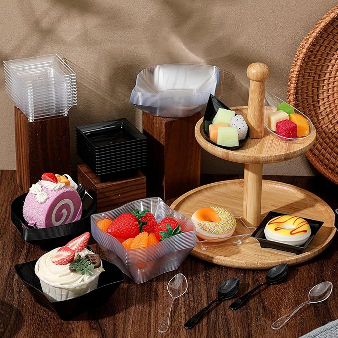 Tessco for you 200 Pcs Mini Appetizer Plates with Spoons Forks Disposable Mini Dessert Plates Plastic Appetizer Bowls Tiny Individual Serving Trays for Party (Black, Clear,Classic)