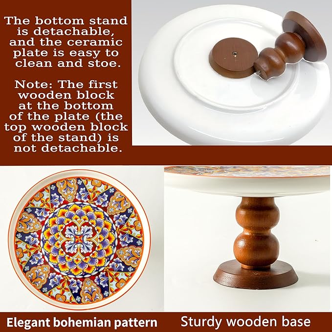 Ceramic Cake Stand with Elegant Wood Curved Footed, 10” Versatile Dessert Stand, 2-in-1 Dessert Table Display Set & Charcuterie Board for Birthday/Kitchen/Party/Charcuterie, Orange
