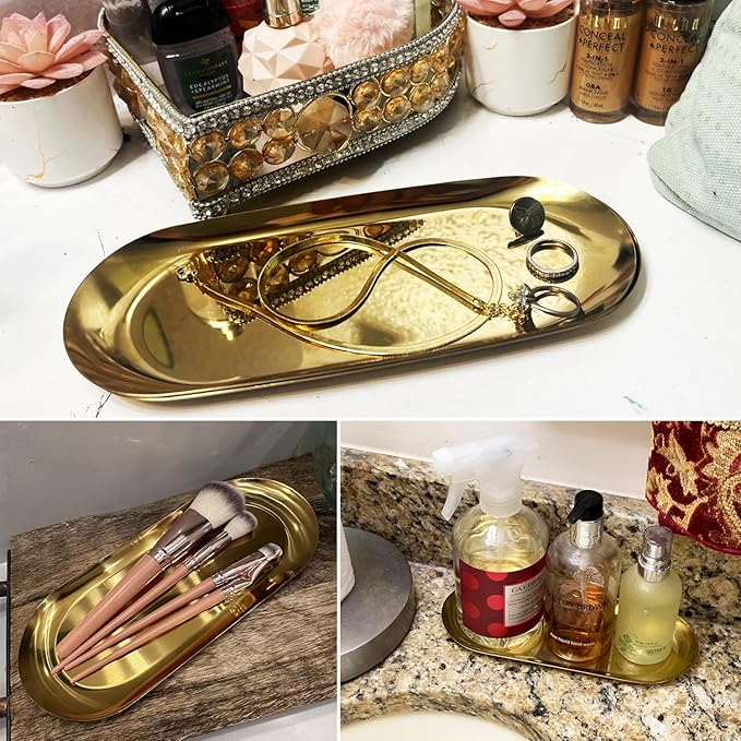8 Pack 9 Inch Oval Stainless Steel Decorative Tray, Stainless Steel Tea Fruit Tray, 9 inch Gold Oval Trays for Bathroom Vanity, Jewelry, Perfume & Key Organizer (Gold)