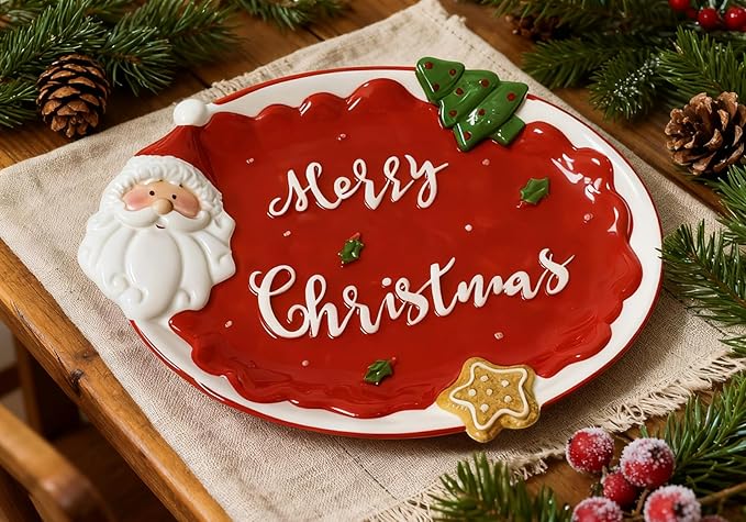 Red Oval Xmas Snacks Appetizer Trays Sets, Christmasman Dessert Porcelain Serving Dishes, Snack Platter, Food Cereal Salad Bowl, Christmas Santa Claus High Relief Ceramic Plate - Red