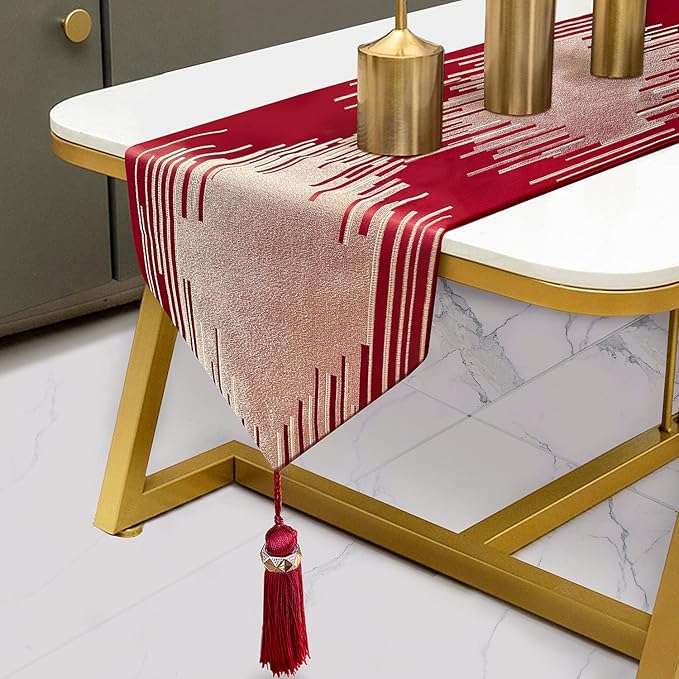 Luxury Red Table Runner 98 Inches Long Abstract Geometry Lines with Tassel Thick Fabric Handmade Embroidery Table Runners for TV Console Night Stands Keyboard Sideboard Home Decor