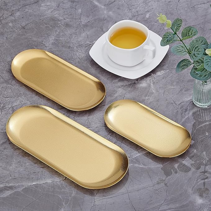 SANQIAHOME 7X3 inch ellipse Appetizer Plates,thick stainless steel Dinner Plates, Pasta Dessert Plates for Sushi, Fruit oven/Dishwasher Safe, Set of 4,Gold