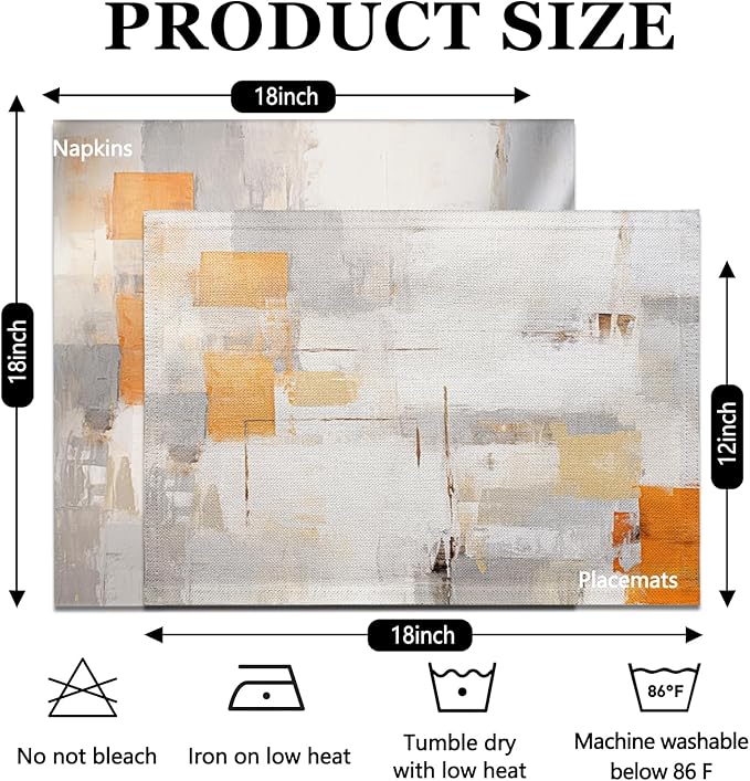 Mcalk 4 Each Orange Placemats and Cloth Napkins Set of 8, Modern Art Placemat, Abstract Grey Cloth Napkin for Home Kitchen Decor (Placemats 18 "x12 Napkins 18 "x18)
