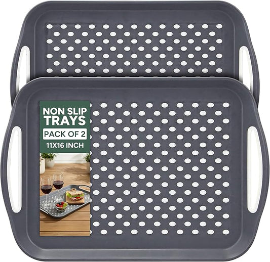 Zuvo Anti-Slip Food Serving Tray with Handles (Set of 2) – BPA-Free Plastic, Lightweight & Durable – Non-Slip Couch Trays for Eating & Drinks (Grey)
