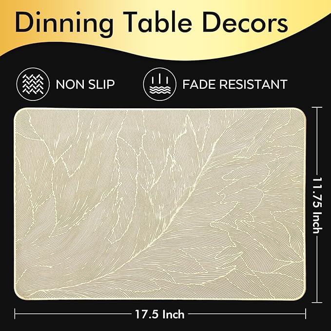 FAVE 6PCS Placemats Gold Placemats Vinyl Placemats Set of 6 Golden Table Mats Reusable Metallic Shiny Gold Place mats for Wedding, Banquet, Birthday, Party, Restaurant （15 x15,Rectangular Feather）