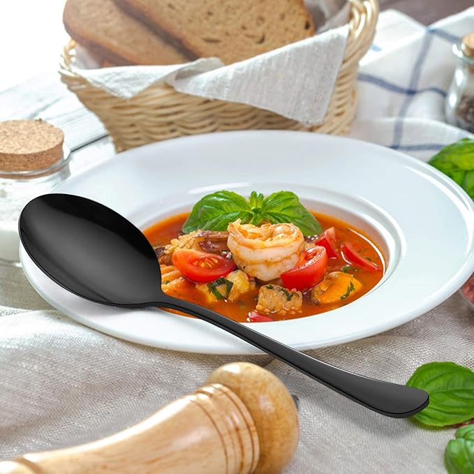 LIANYU 8 Pack Large Black Serving Spoons, 9.8 Inch Stainless Steel Slotted Serving Utensils Spoon Set for Banquet Catering Buffet Dinner Restaurant Party