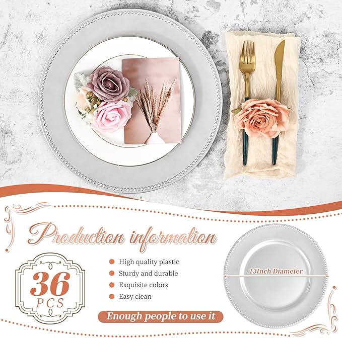 36 Pcs Silver Charger Plates Round Charger Plates13 Inch Bulk Wedding Dinner Elegant Reusable Plastic Chargers Plates Wedding Holiday Party Baby Shower Event Decoration (Silver)