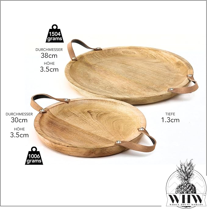 Mango Wood Board Server Trays, Set of 2, Desserts, Charcuterie, Snacks, Serving, Brown Leather Handles, Rustic Rounds, 15 and 12 Inches Diameter