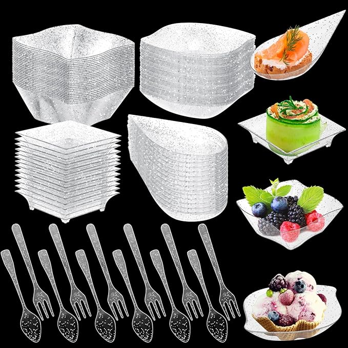 Tessco 200 Pcs Mini Appetizer Plates with Spoons Forks Disposable Mini Dessert Plates Plastic Appetizer Bowls Tiny Individual Serving Trays for Party(Silver Glitter,Classic)