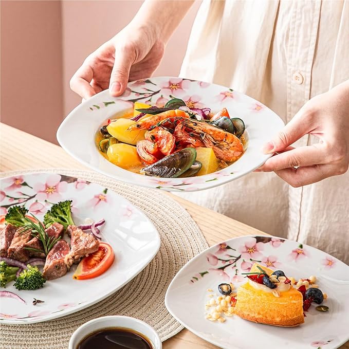 30/60-piece White Ceramic Pink Floral Porcelain Plate Set, Including 5 Dinner Plates, Soup Plates, Dessert Plates, Cups and Saucers, Serving up to 12 People, totaling 30 Pieces.,30-Piece-