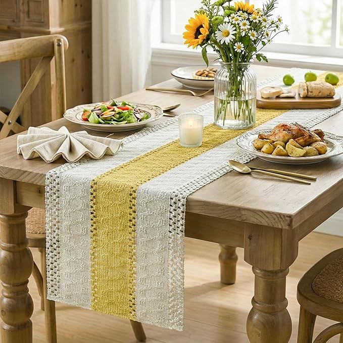 Artoid Mode Yellow Farmhouse Rustic Table Runner, Seasonal Holiday Hollow Kitchen Dining Table Decoration for Home Party Decor 12x72 Inch