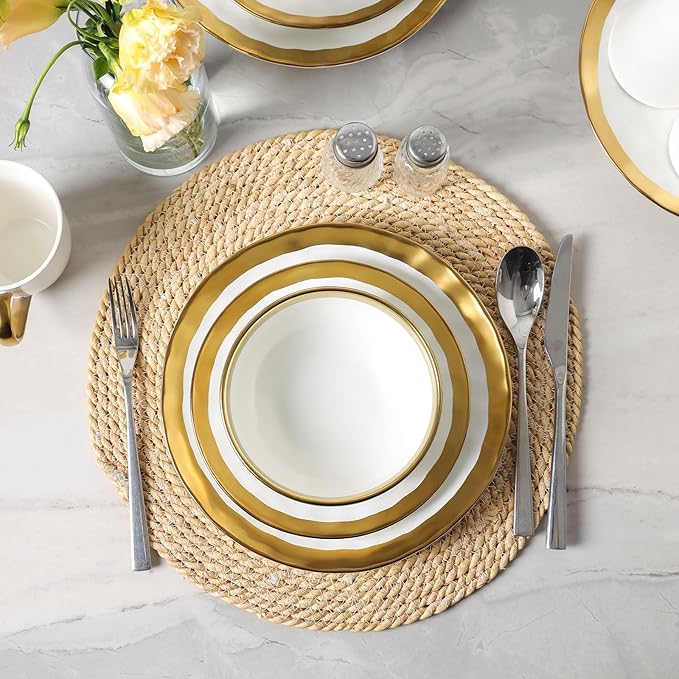 Vicrays 12-Piece Ceramic Dinnerware Set, Dinner Plates, Salad Plates & Cereal Bowls, Dish Set for 4, Microwave, Oven & Dishwasher Safe, Scratch Resistant, White with Golden