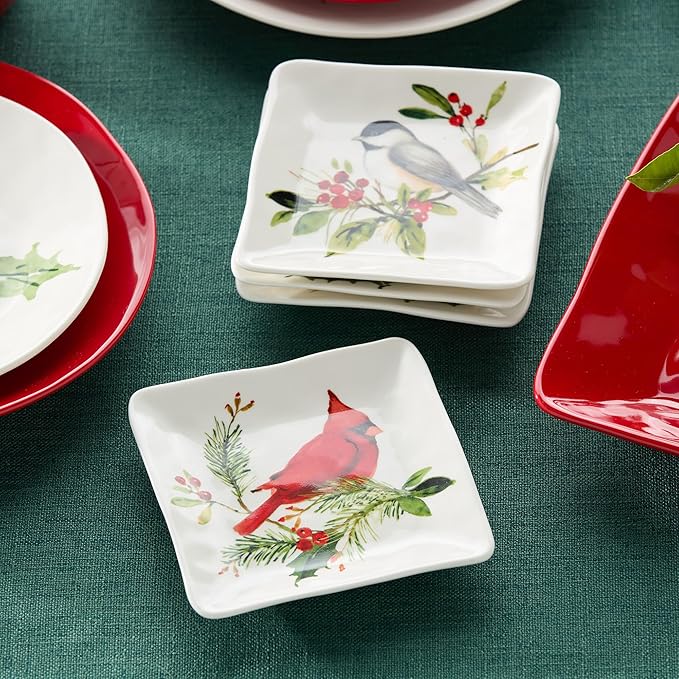 Holly and Vines Christmas Canape Plates Set of 4 – Stoneware Holiday Appetizer Plates with Birds, Berries & Pinecones, Artist-Designed Winter Tableware for Entertaining & Gifting