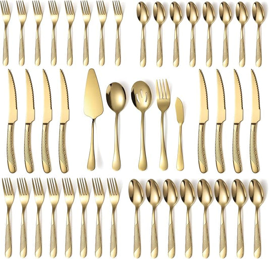45-Piece Silverware Set Stainless Steel Flatware Set with Serving Utensils Hammered Flatware Set for 8 Cutlery Utensil Set for Home Kitchen Restaurant